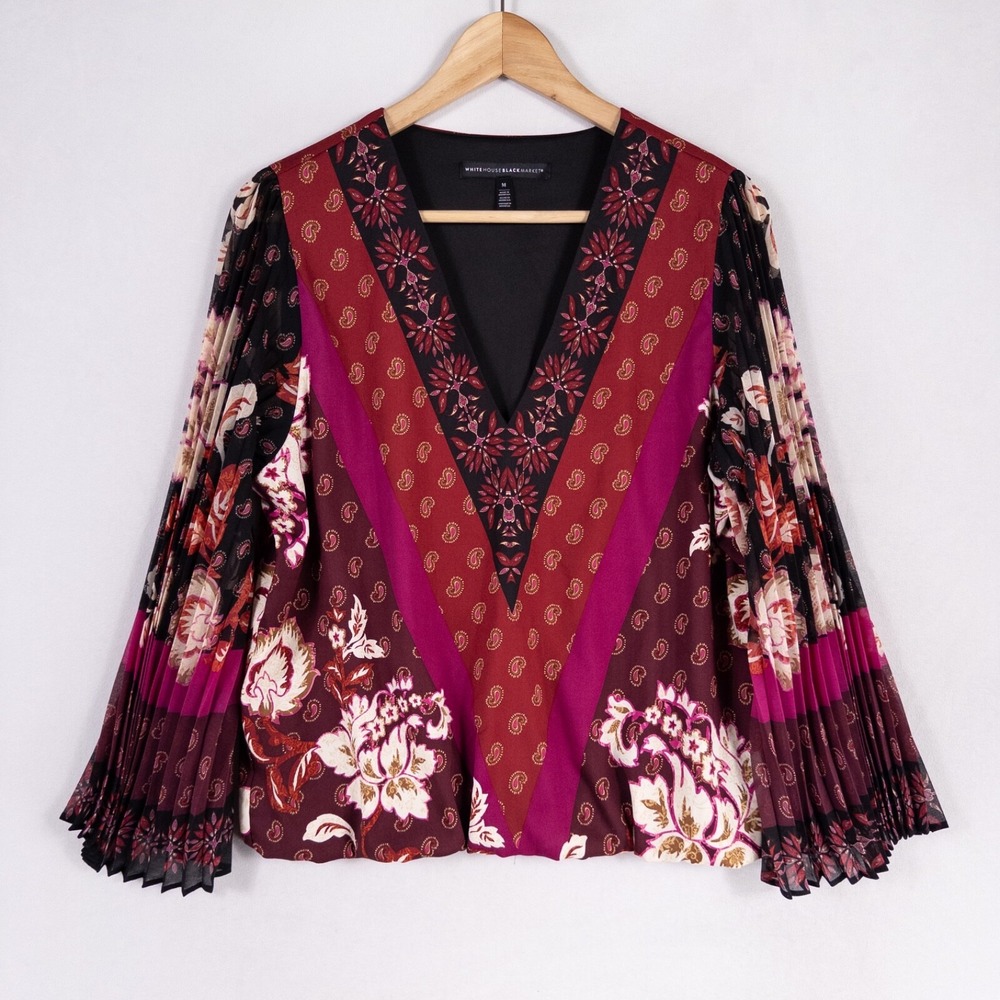WHBM Top Size Medium Multicolor Paisley Floral Pleated Flare Sleeve Boho Glam